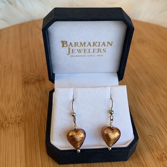 Barmakian Vintage Gold Tone Foil Murano Venetian Glass Heart Dangle Earrings Box - Picture 3 of 11
